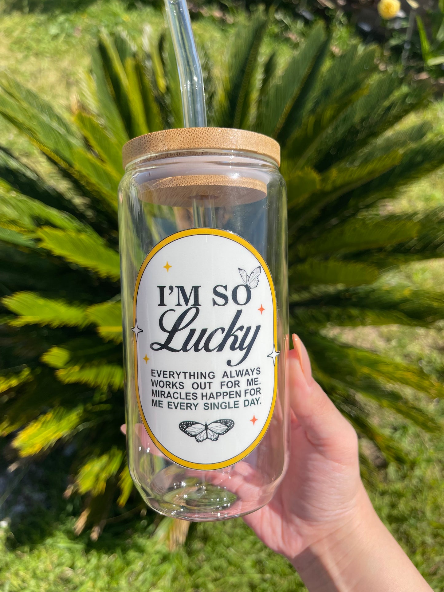16 oz glass can • “im so lucky” cup • morning affirmation mantra cup - yellow