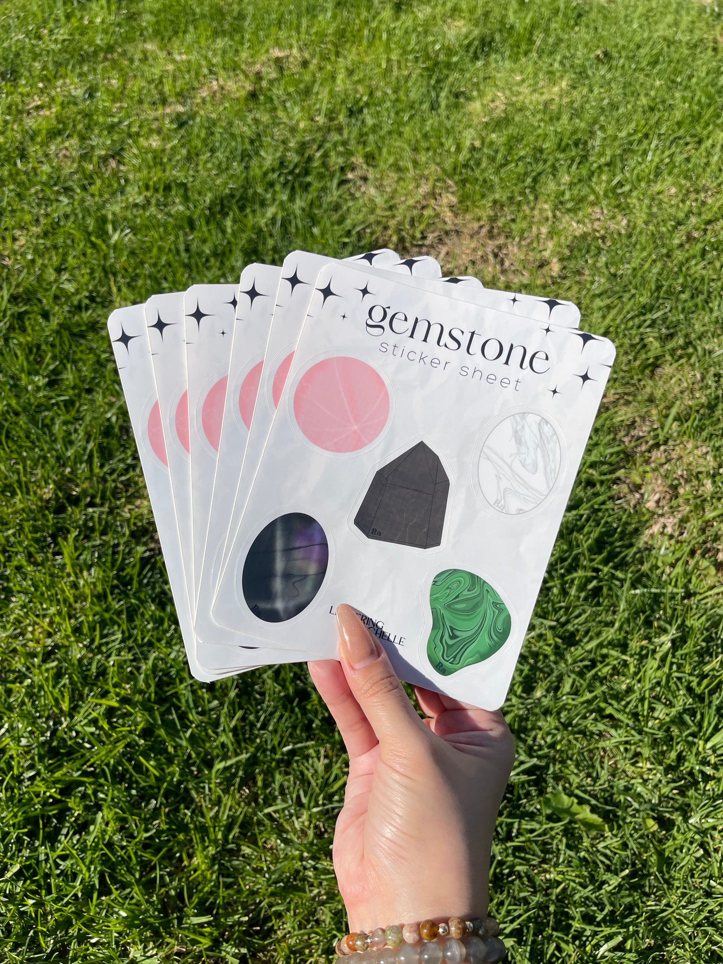 Gemstone sticker sheet - rose quartz, labradorite, malachite, howlite, smoky quartz sticker