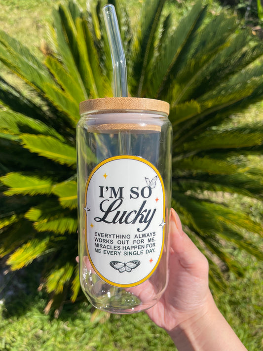 16 oz glass can • “im so lucky” cup • morning affirmation mantra cup - yellow