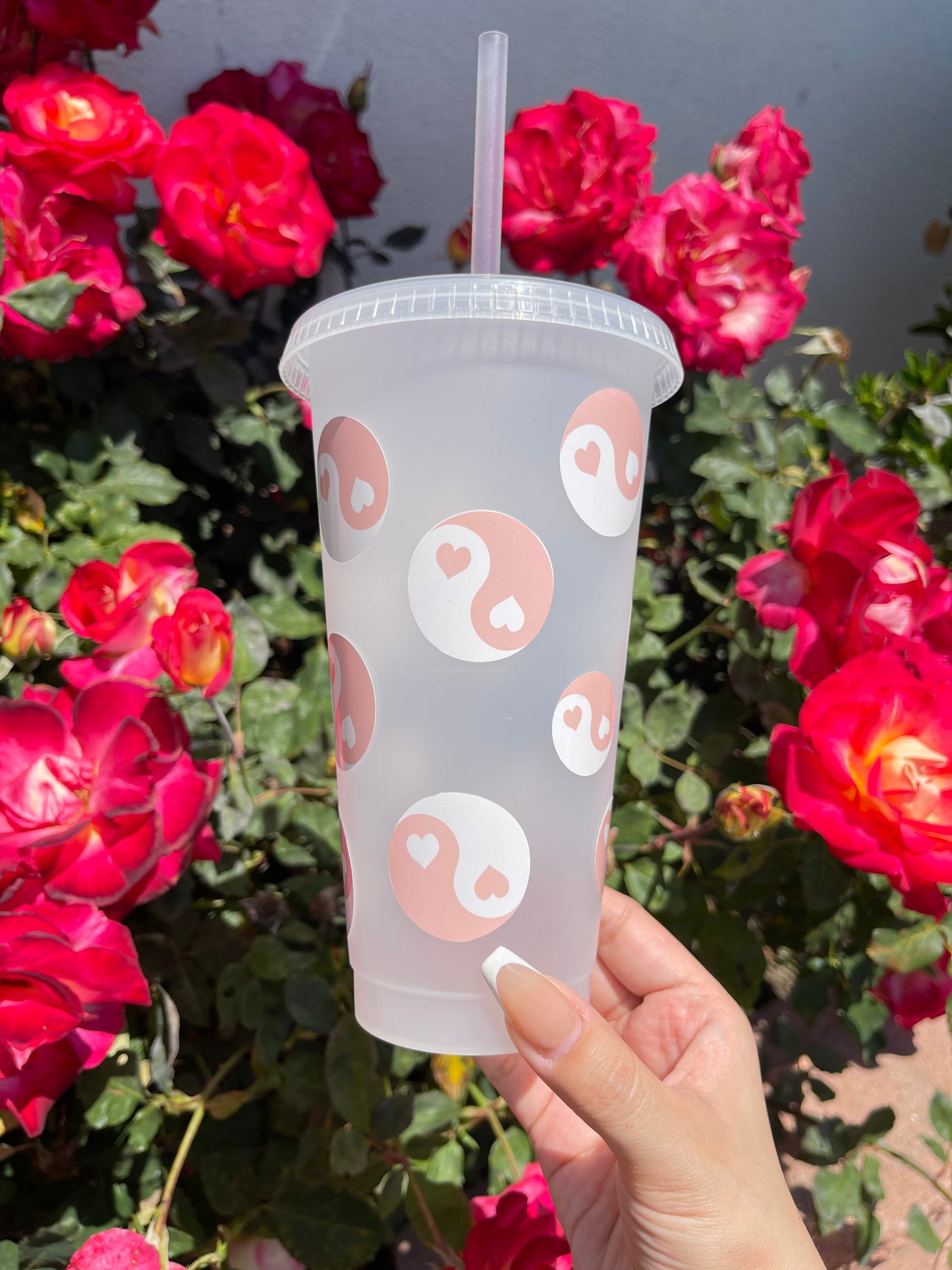 Peach Yin Yang hearts • 24 oz transparent tumbler