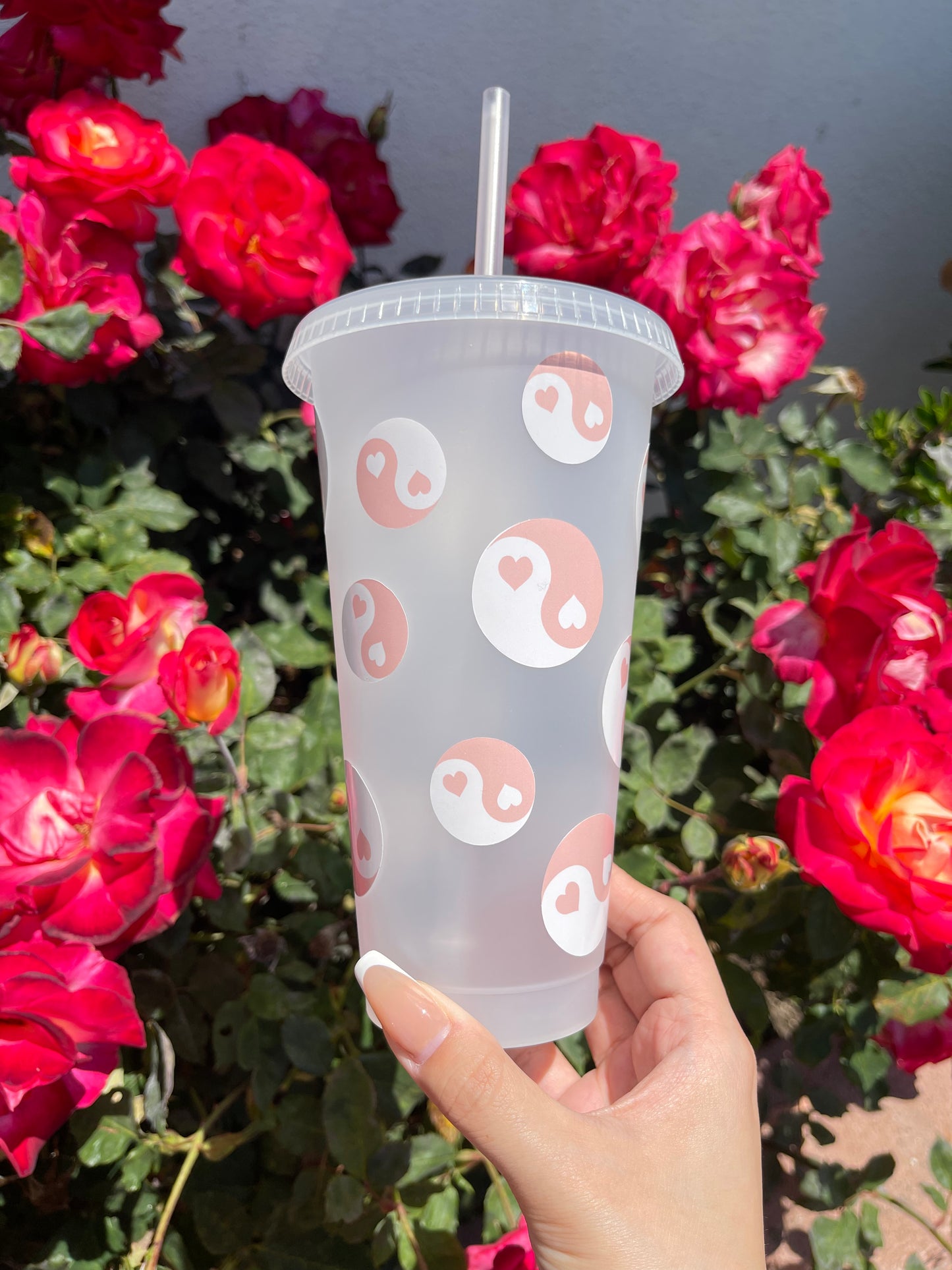 Peach Yin Yang hearts • 24 oz transparent tumbler