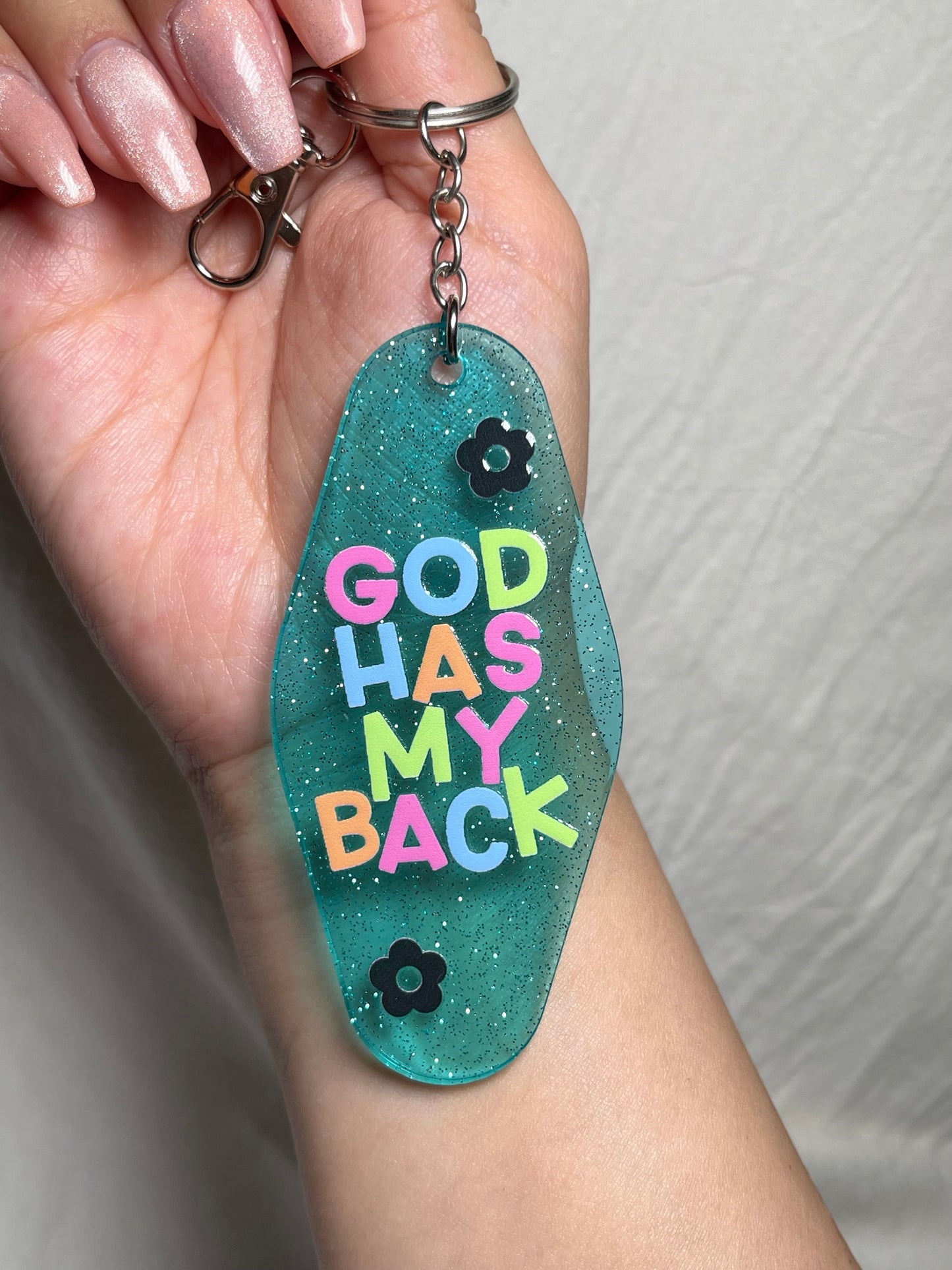 KEYCHAIN | god has my back • teal glitter key fob