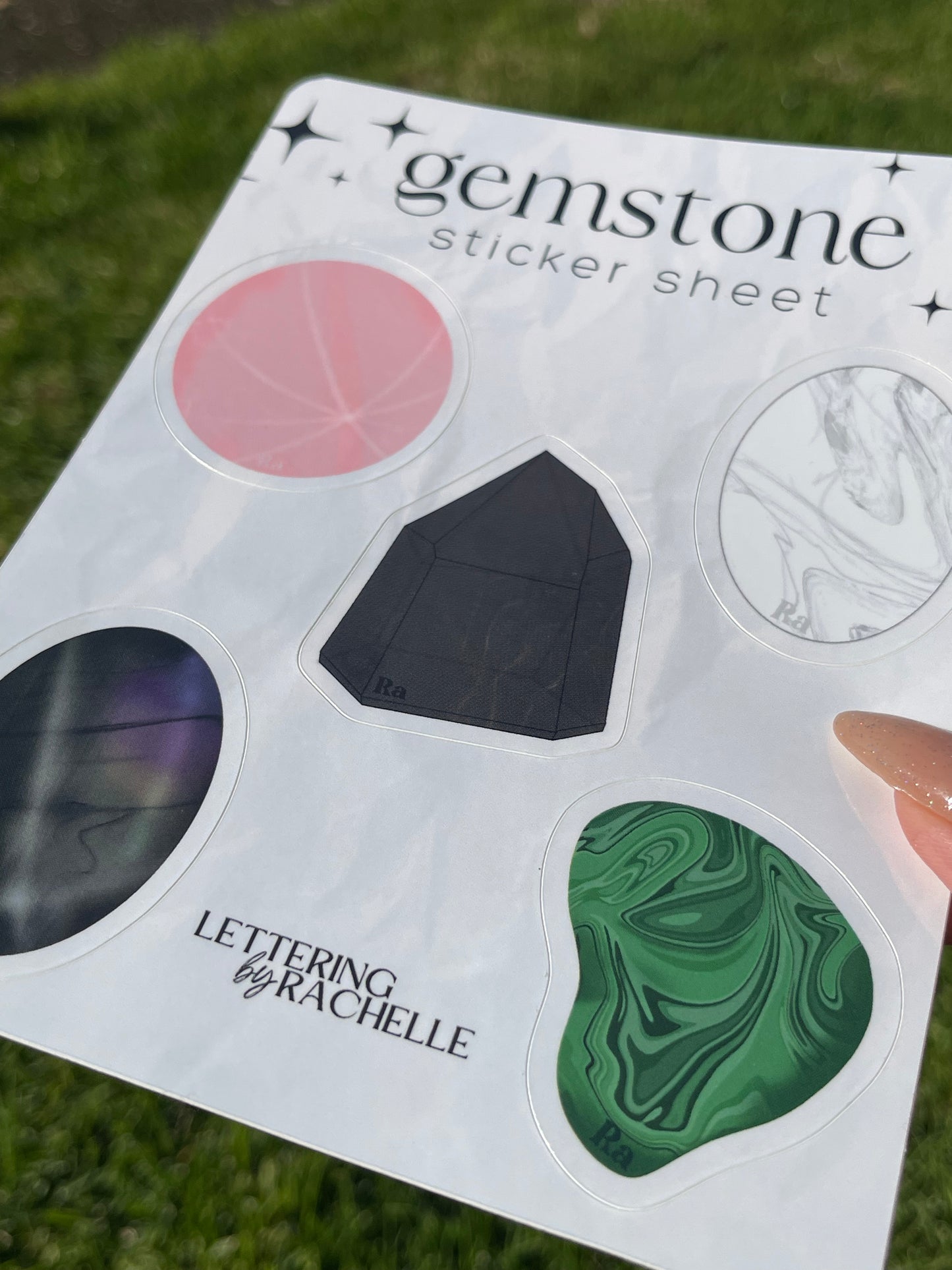 Gemstone sticker sheet - rose quartz, labradorite, malachite, howlite, smoky quartz sticker