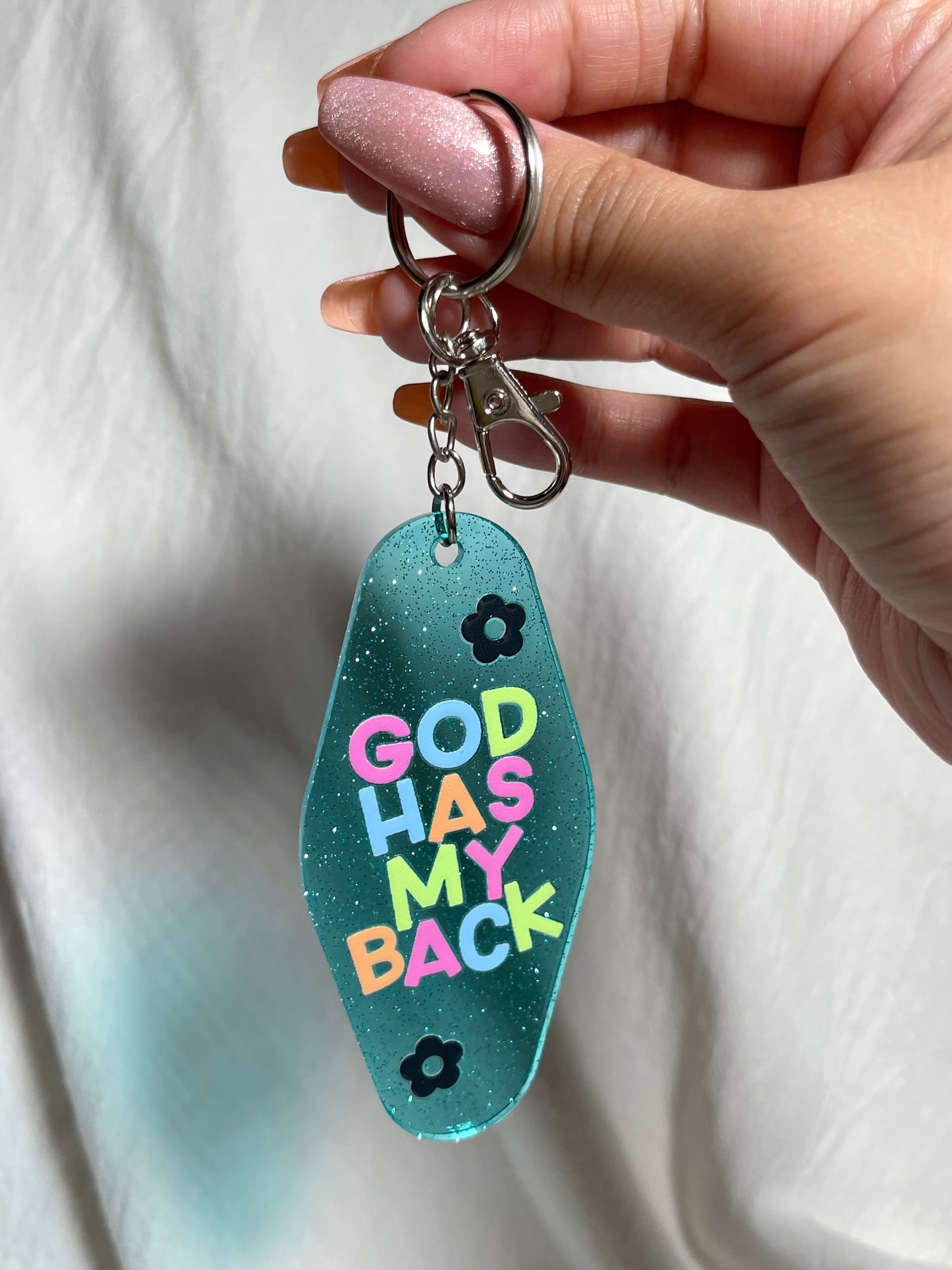 KEYCHAIN | god has my back • teal glitter key fob