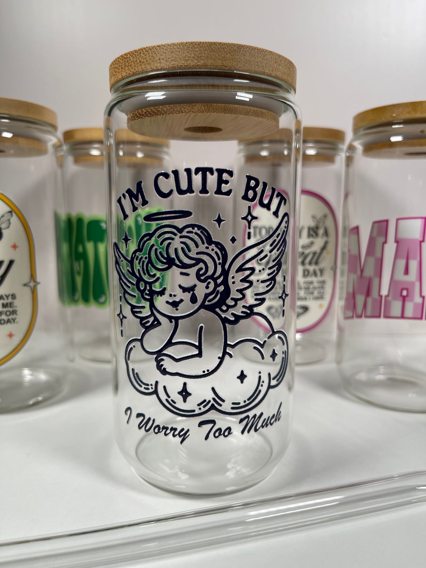 16 oz glass can • sony angel glass cup • baby angel navy blue