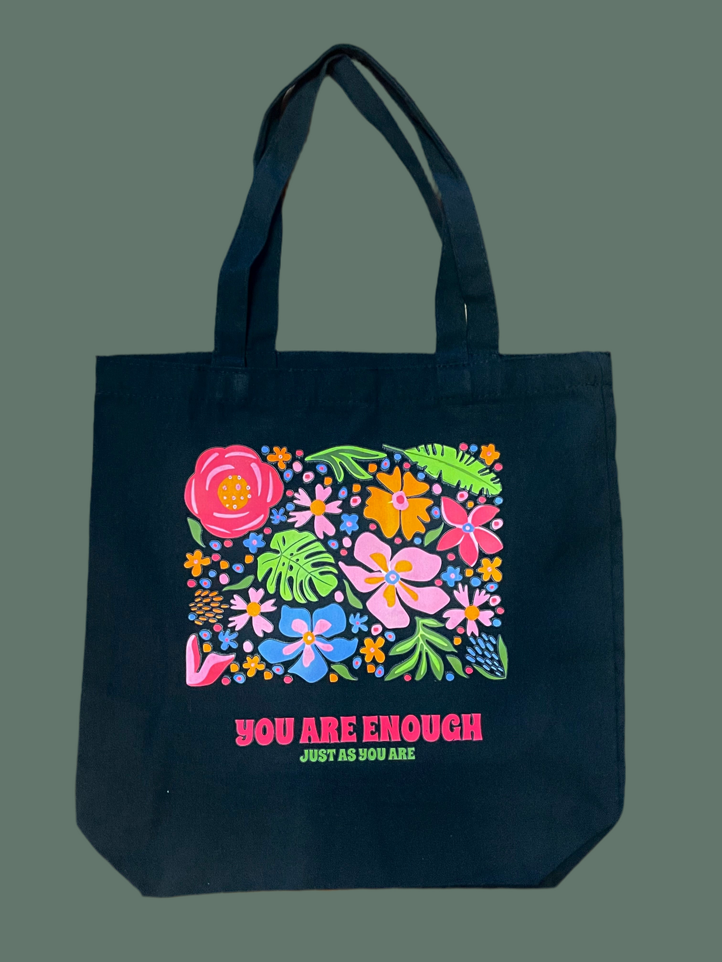 You are enough floral tote bag • black tote bag, heavy duty canvas cotton tote