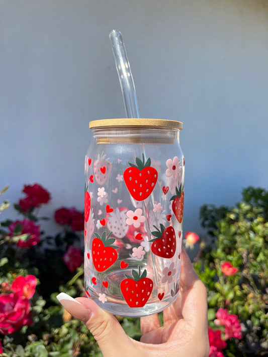 16 oz glass can • Strawberry Soju | cute strawberry glass can